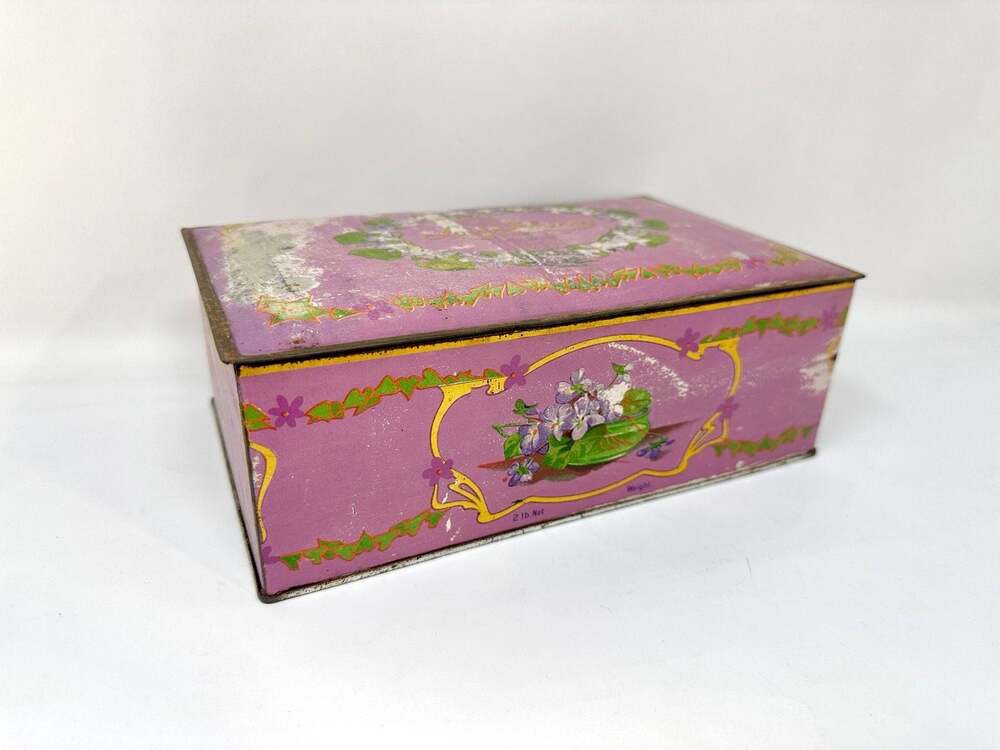 Violet Floral Tin Treasure Box with attached lid by Louis Sherry NEW YORK